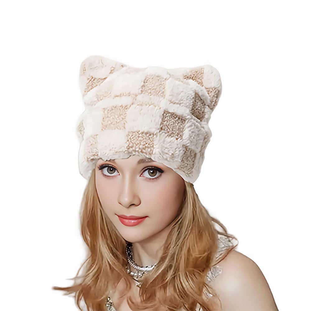 Cute Cat Ear Square Fuzzy Beanie,Y2K Winter Funny Kawaii Cat